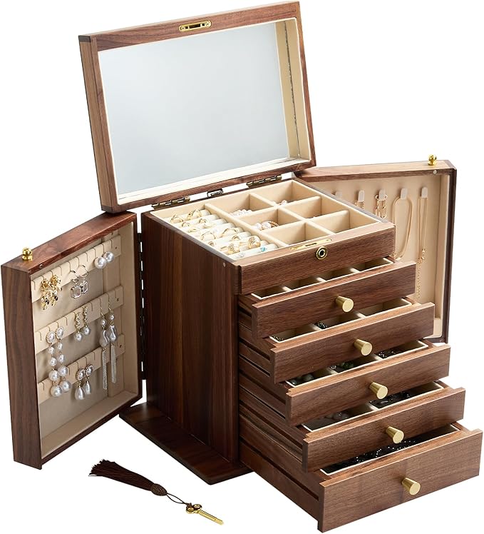 YANSHING Premium Solid Black Walnut Jewelry Box with Lock and Key