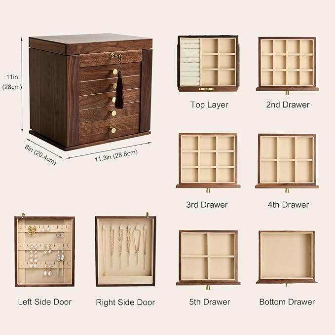 YANSHING Premium Solid Black Walnut Jewelry Box with Lock and Key