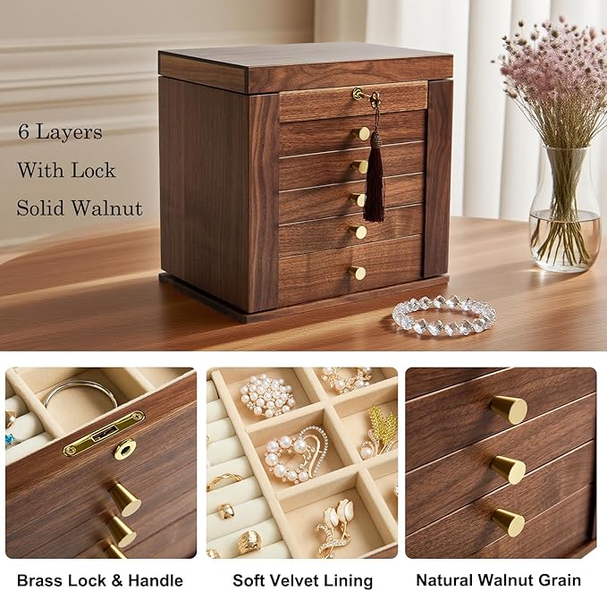 YANSHING Premium Solid Black Walnut Jewelry Box with Lock and Key