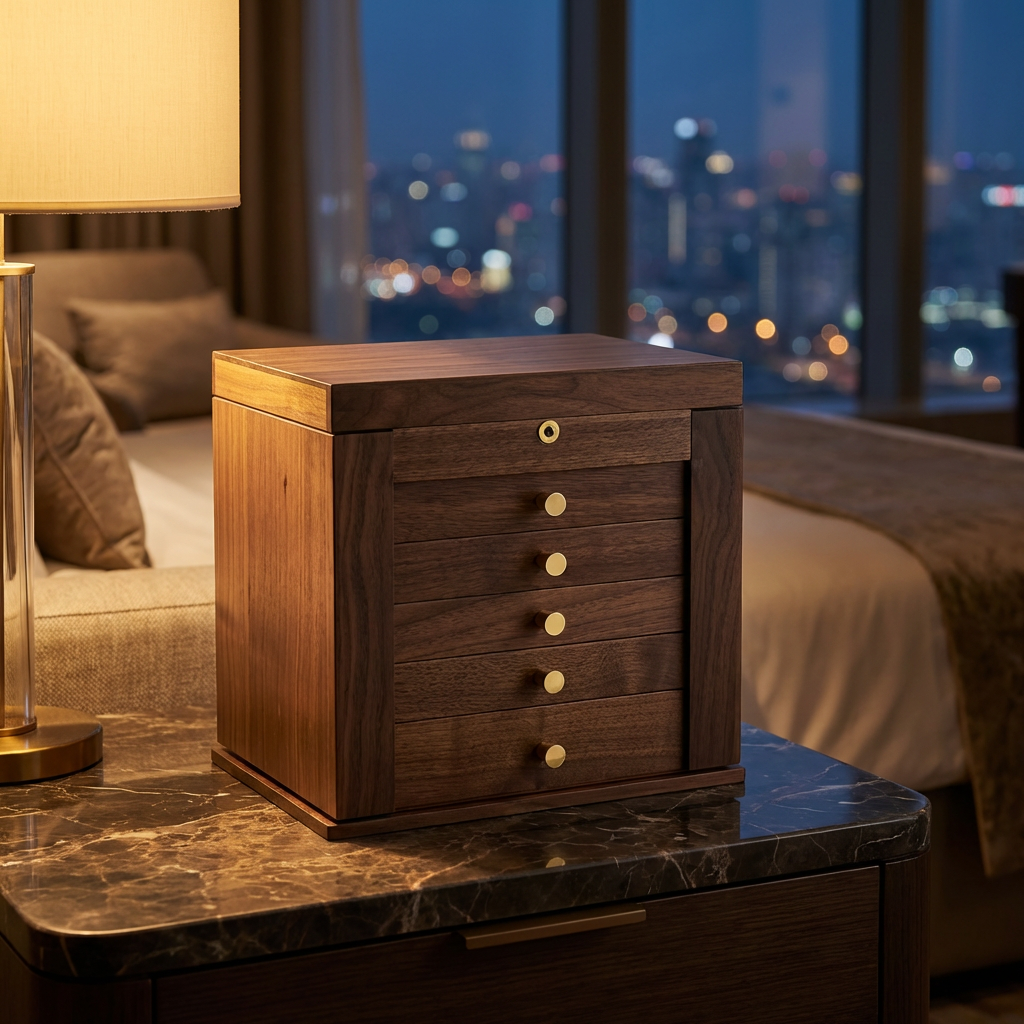 YANSHING Premium Solid Black Walnut Jewelry Box with Lock and Key