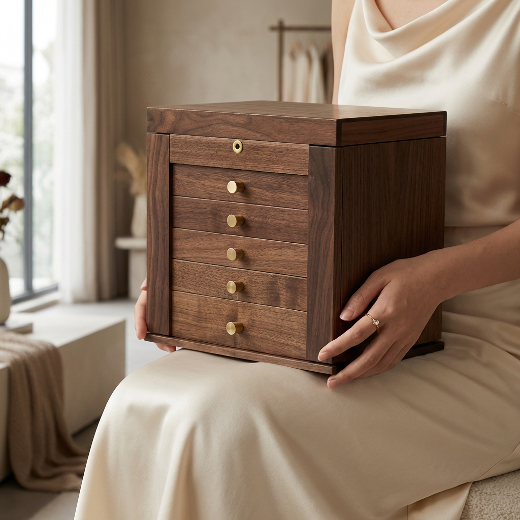 YANSHING Premium Solid Black Walnut Jewelry Box with Lock and Key